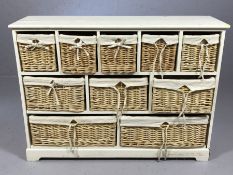 Painted pine unit containing ten wicker baskets approx 103 x 31 x 76cm tall