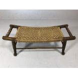 Oak framed rush seated bench / stool on turned tapering legs with bobbin turned handles, approx 85cm