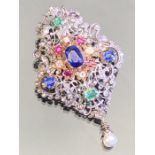 Victorian High Carat Gold backed and Silver set Gem Stone Brooch. Set with Emeralds, Old cut