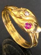 18ct Gold ring set with Diamond and Ruby stones 1900 size 'M' approx 3.4g