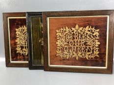Early framed wooden fretwork panels 'God Bless Our Home' and 'God Bless Our Queen', each panel