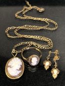 9ct Gold Cameo ring, necklace and earring set