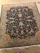 Large blue and green ground rug with gold borders and fringe, approx 270cm x 330cm