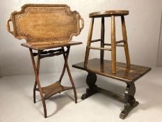 Collection of vintage wooden items to include carved tray, stool and folding table etc.