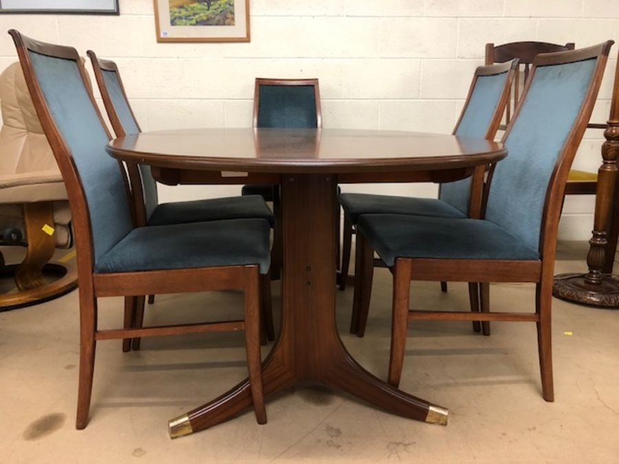 Mid Century G-Plan oval extending dining table and six chairs with teal upholstery, approx 163cm - Image 3 of 4