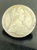 Silver 1780 Maria Theresa Thaler coin, inscribed 'BURG CO TYR 1780 X ARCHID AUST DUX' with