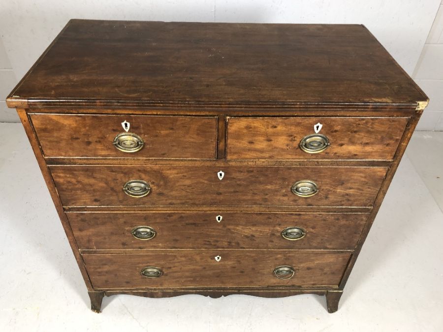 Antique pine and mahogany chest of drawers with original brass handles and shield design escutcheons - Image 2 of 5