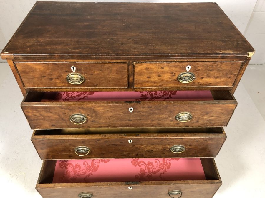 Antique pine and mahogany chest of drawers with original brass handles and shield design escutcheons - Image 3 of 5