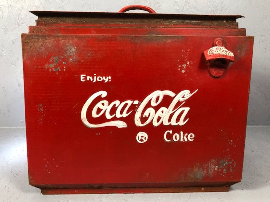 Vintage metal Coca Cola style metal cooler box with bottle opener to front, approx 46cm x 37cm x