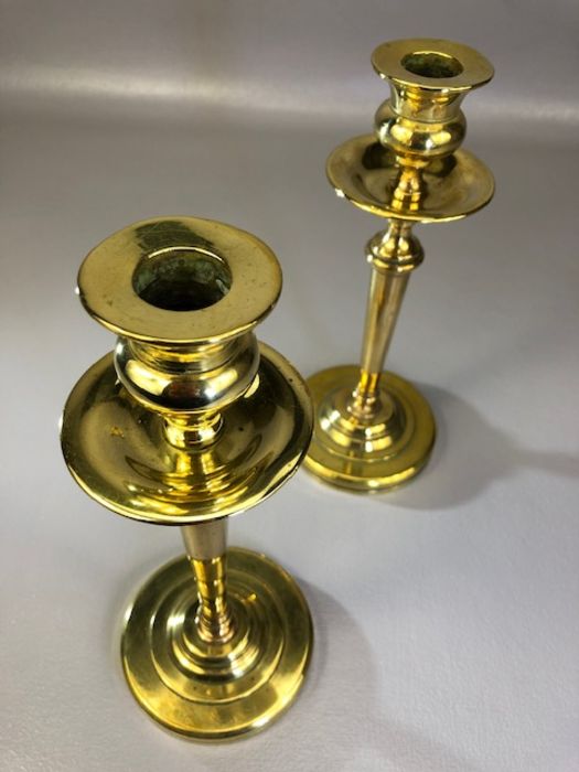 Pair of Arts and Crafts brass candlesticks with weighted bases, approx 22cm in height - Image 2 of 4