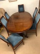 Mid Century G-Plan oval extending dining table and six chairs with teal upholstery, approx 163cm