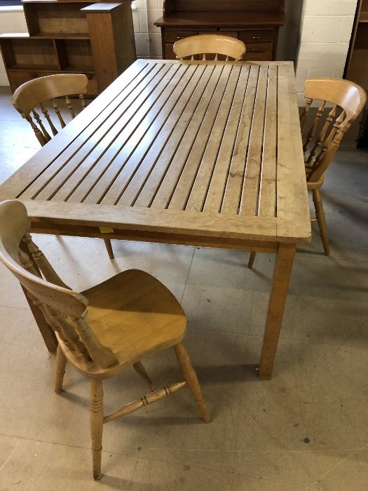 Large pine table and four pine chairs, approx 198cm x 107cm x 76cm tall