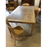 Large pine table and four pine chairs, approx 198cm x 107cm x 76cm tall