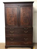 Large pine and mahogany inlaid secretaire with cupboards over and two fall front faux drawers