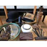 Collection of curios to include mirrors, Bakelite box, bowler hat, cast iron door stop etc