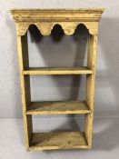 Antique pine wall hanging shelving unit, approx 50cm x 19cm x 96cm tall