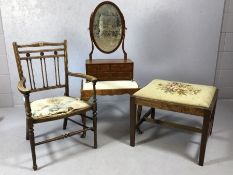 Collection of antique furniture to include foot stools, dressing mirror with drawers under, inlaid