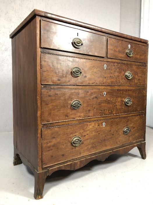 Antique pine and mahogany chest of drawers with original brass handles and shield design escutcheons - Image 4 of 5