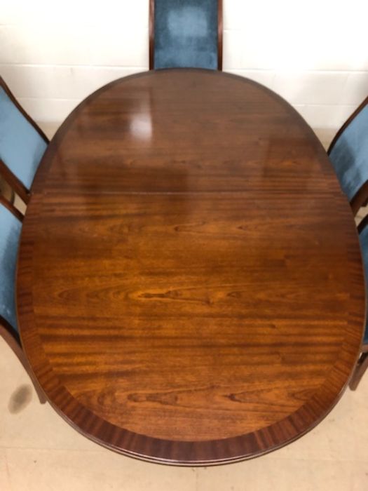 Mid Century G-Plan oval extending dining table and six chairs with teal upholstery, approx 163cm - Image 4 of 4