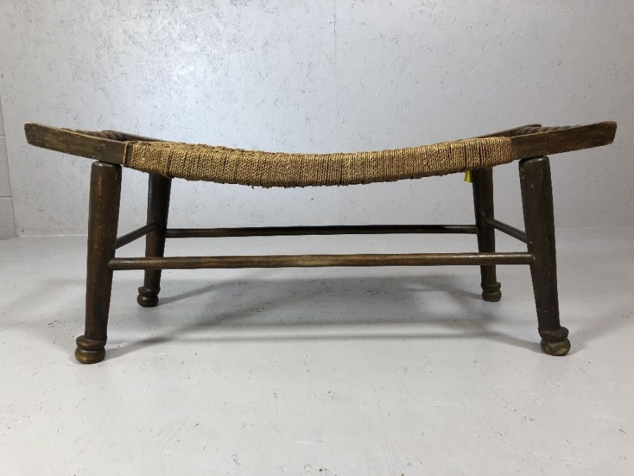 Oak framed rush seated bench / stool on turned tapering legs with bobbin turned handles, approx 85cm - Image 2 of 4