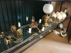 Collection of mostly copper and brass light fittings and wall-mounted light fittings, with a