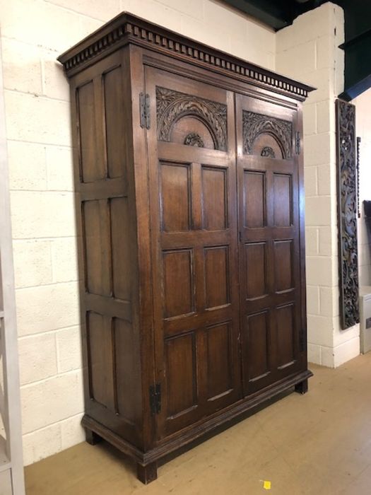 Two door oak wardrobe with carved detailing, approx 143cm x 58cm x 190cm tall - Image 3 of 3