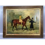 English School: oil on canvas, race horse with jockey and owner, approx 56cm x 42cm