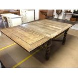 Oak draw leaf extending dining table with barley twist legs, approx 230cm x 109cm fully extended x