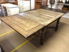 Oak draw leaf extending dining table with barley twist legs, approx 230cm x 109cm fully extended x