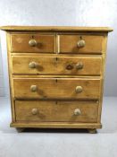 Antique pine chest of five drawers with bun handles on bun feet, approx 92cm x 49cm x 100cm tall