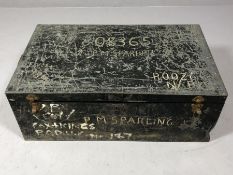 Military interest tin trunk, P M Sparling painted to front, shipping tag to Mrs M L Sparling