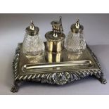 Silver Birmingham Hallmarked Inkwell stand with candle holder and snuffer, two glass silver topped