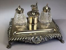 Silver Birmingham Hallmarked Inkwell stand with candle holder and snuffer, two glass silver topped