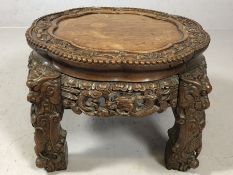 Heavily carved Chinese low table with dragons and floral design, approx 47cm x 47cm x 35cm tall