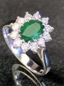 18ct White Gold ring set with Emerald and Diamonds in a Cluster setting size 'O'