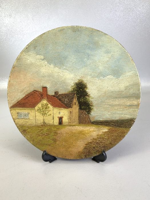 Pair of hand painted Folk Art metal circular plaques with countryside images both signed J.T. Sharpe - Image 2 of 7