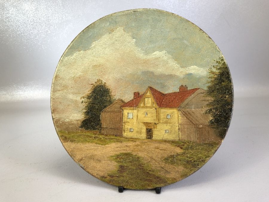 Pair of hand painted Folk Art metal circular plaques with countryside images both signed J.T. Sharpe - Image 5 of 7