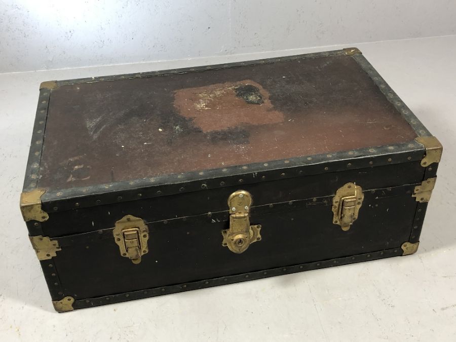 Good quality vintage metal and brass bound trunk, approx 91cm x 53cm x 35cm tall