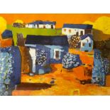 JOHN ELWYN (Welsh, 1916 -1997), abstract farm building scene, acrylic on paper, approx 54cm x