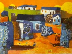 JOHN ELWYN (Welsh, 1916 -1997), abstract farm building scene, acrylic on paper, approx 54cm x