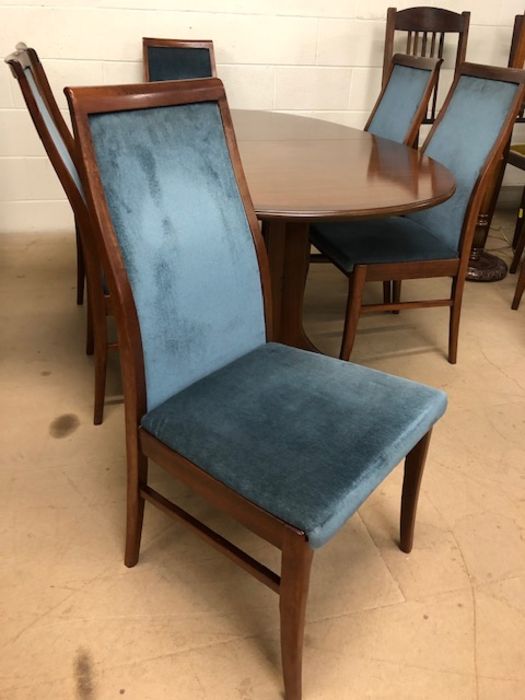 Mid Century G-Plan oval extending dining table and six chairs with teal upholstery, approx 163cm - Image 2 of 4