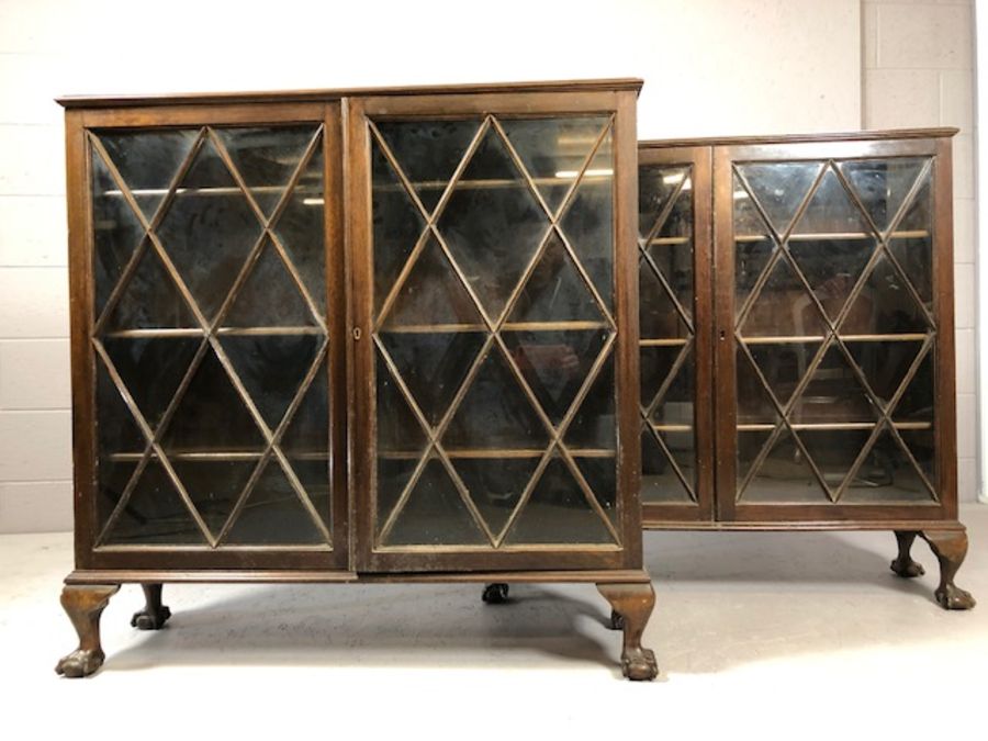 Pair of matching two door glass-fronted display cabinets, each with three shelves, on ball and - Image 3 of 4