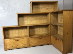 Pine architectural L-shaped corner book case / display case with three cupboards under, approx 152cm