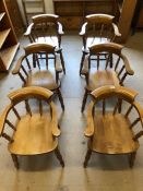 Set of six pine elbow chairs on turned splayed legs with double H stretchers