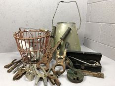 Collection of vintage farming equipment to include egg basket, milk pail and assorted tools