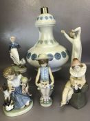 Collection of Lladro and one Royal Copenhagen figurines and a Lladro lamp base