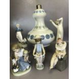 Collection of Lladro and one Royal Copenhagen figurines and a Lladro lamp base