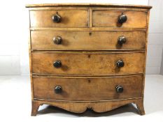 Antique bow fronted chest of five drawers with turned handles approx 107cm x 52cm x 100cm tall