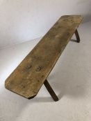 Rustic jointed tapering bench on splayed legs, approx 167cm x 40cm x 44cm tall