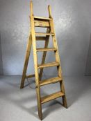 Antique pine step ladder with five steps and shaped top handles, open height approx 163cm